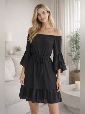 White House Black Market Black Off-Shoulder Ruffle Dress Belted Mini Dress Sz S